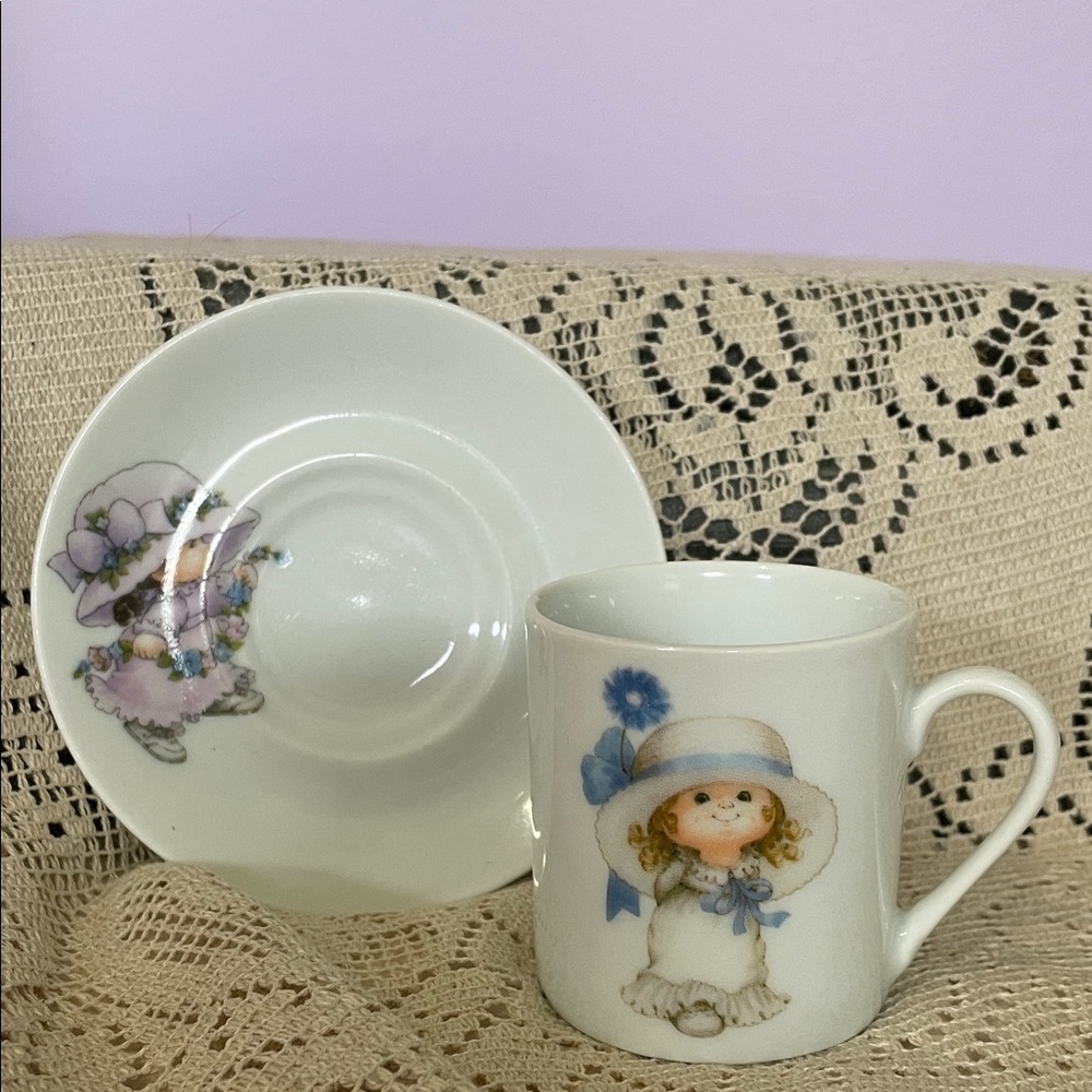 Vintage Girl Illustration Teacup and Saucer - White with Blue Accents